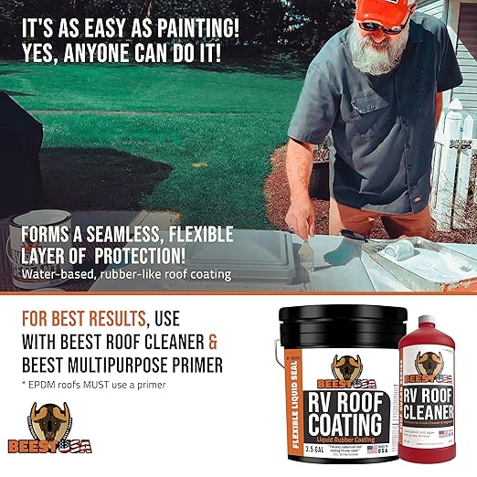 BEEST RV Roof Coating White, 3.5 Gallon Covers up to 175 sqft (2 Coat), Solar Reflective & Waterproof Sealant| Elastomeric Leak Repair Coating, Liquid Rubber RV Roof Sealant for Trailer, Camper & More