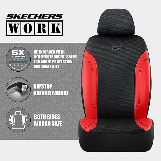 Skechers Car Seat Covers, Work Leather Seat Covers 5-Times Stronger Built-in Webbing, Oxford Fabric Front Seat Cover, Airbag Compatible, Automotive Comfort for Cars, Trucks, SUVs,Red