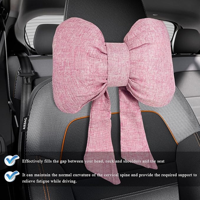 Bow Car Headrest Pillow, Breathable Ergonomic Auto Neck Cushion with Adjustable Strap, Comfy Vehicle Neck Support Pillow Cute Bow Girl-Style Decoration for Driving Seats (Pink)