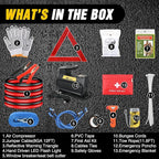 Nilight Car Emergency Kit with Jumper Cable Air Compressor Tire Repair Essential Tools First Aid Alligator Connector Electrical Kit for Travel Camping Outdoor Cars Truck SUV RV