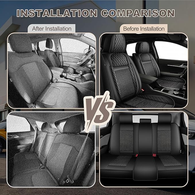 TTX LIGHTING for VW Jetta 2007-2025 Car Seat Covers, Breathable Ice Silk & Leather Seat Protector, Cool & Anti-Sweat for Long Driving, Airbag Compatible, 5 Seats Full Set (Black)