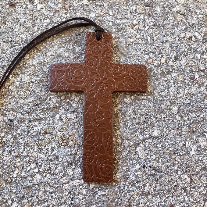 Air Flair | Leather Car Air Freshener | Cross | Rose Pattern (Brown, Cherry Leather Scent)