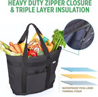 Jumbo Insulated Cooler Bag (Black) with HD Thermal Insulation - Premium, Collapsible Soft Cooler Makes a Perfect Insulated Grocery Bag, Food Delivery Bag, Travel Bag, Beach or Picnic Bags