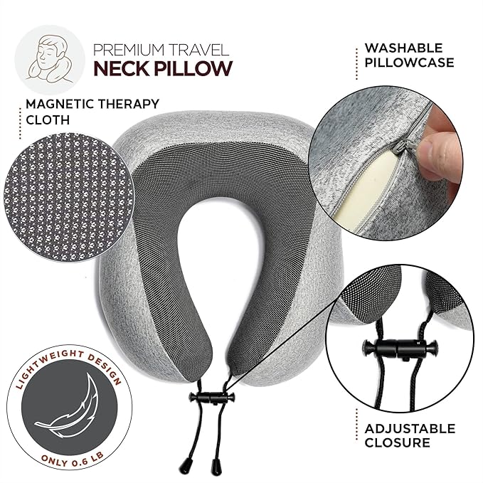 Homeify Airplane Travel Kit – Adjustable Memory Foam Airplane Neck Pillow with Phone Holder, Eye Mask, Foot Hammock, and Earplugs – 6 Piece Plane Travel Essentials for Long Flights