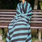 PuTian Merino Wool Blanket - 87" x 63" Thick Warm Soft Large Bed Throw - Great for Camping, Outdoors, Travel, Car, Couch, All Seasons Blue Stripe
