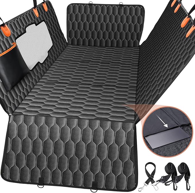 XL Back Seat Extender for Dogs-Supports 400lb,Waterproof Dog Car Seat Cover Hard Bottom-Detachable,600D Oxford Cloth Proof Nonslip Soft,Dog Hammock for Car,SUVs