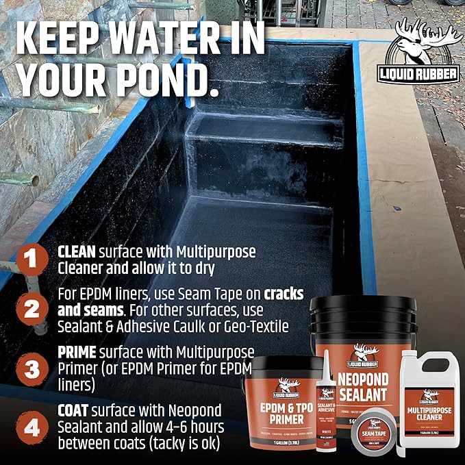 Liquid Rubber NeoPond Waterproof Pond Sealant - Fish and Plant Safe Waterproofing Membrane Sealer for Ponds and Water Features, Black, 5 Gallon