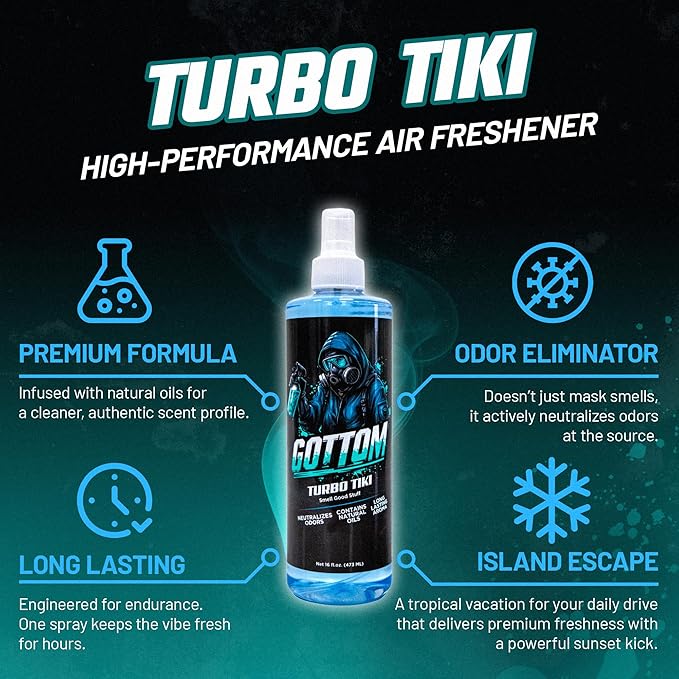 Gottom Air Freshener Spray - Long Lasting Odor Eliminator - 16 oz (Turbo Tiki) - Car Scent, Auto Odor Remover, Fresh Fragrance, Air Freshener for Trucks, SUVs, RVs & more