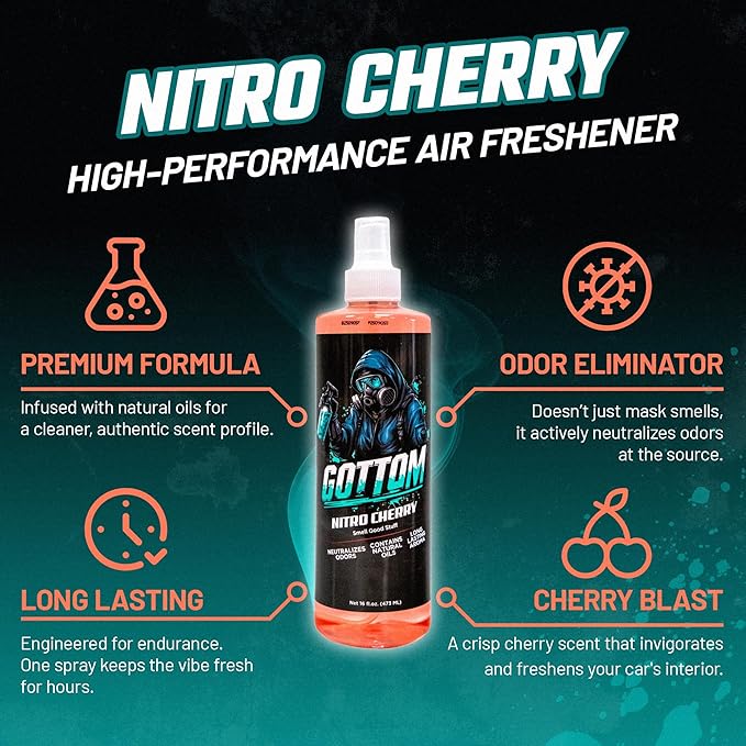 Gottom Air Freshener Spray - Long Lasting Odor Eliminator - 16 oz (Nitro Cherry) - Car Scent, Auto Odor Remover, Fresh Fragrance, Air Freshener for Trucks, SUVs, RVs & more