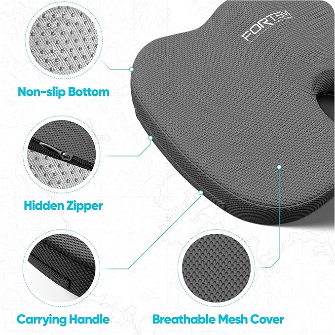 FORTEM Seat Cushion, Office Chair Cushion, Desk Chair Memory Foam, Sciatica Coccyx Tailbone Pain Relief, Pressure Relief, Sitting Pad, for Long Gaming & Sitting, Washable Cover, Non Slip, XL