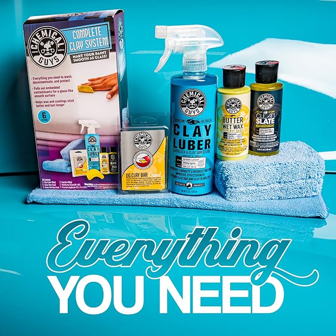 Chemical Guys Clay Bar Kit - Complete System - Clay Bar and Luber Combo with Accessories for Smooth Paint Finish - Removes Embedded Dirt, Overspray, and Fallout - 6 Item Kit