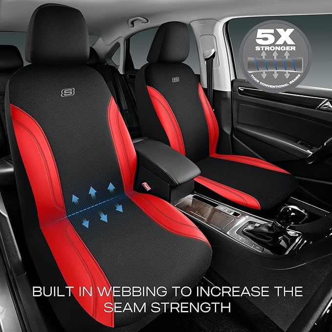 Skechers Car Seat Covers, Work Leather Seat Covers 5-Times Stronger Built-in Webbing, Oxford Fabric Front Seat Cover, Airbag Compatible, Automotive Comfort for Cars, Trucks, SUVs,Red