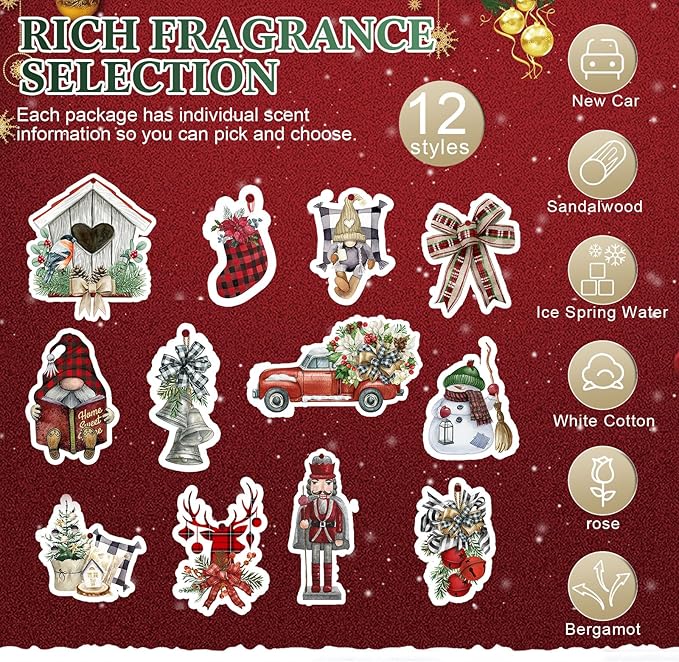 12 Pcs Christmas Car Air Freshener Bulk Scented Christmas Tree Ornaments Buffalo Plaid Gnomes Snowman Bow Hanging Decoration Car Scented Automotive Interior for Stocking Stuffers Party Gift