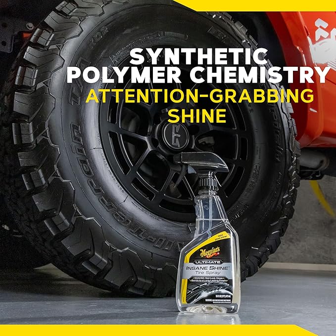 Meguiar's Ultimate Insane Shine Tire Spray - Premium Tire Dressing that Delivers a Lasting High Gloss Wet Look and is Easy to Use; Advanced Tire Shine that Bonds for a Long-Lasting Finish, 16 Oz Spray