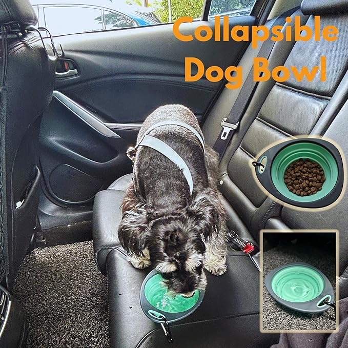 Dog Car Accessories Essentials Kit, with 2 Retractable Harness Adjustable Seat Belt Leash, Portable Collapsible Pet Bowl, Car Net Barrier for Dogs in Vehicle, and 4 Headrest Hooks for Hanger