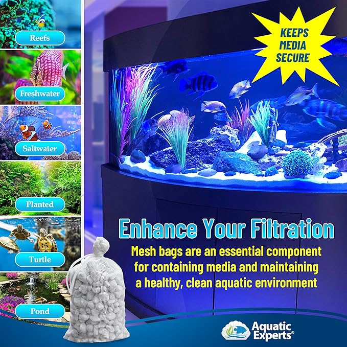 Aquatic Experts High Flow Filter Media Bag - Durable Filter Bags for Fish Tank, Secure Aquarium Media Bag with Drawstring, Media Bags for Aquarium and Pond, High Flow (White), 8” x 12" – 3 Pack