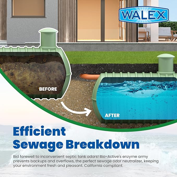 Walex Bio-Active Home Septic Tank Treatment - Strong Digestive Power with Beneficial Bacteria & Enzymes for Liquefying Solids & Breaking Down Waste, Odor Neutralizer -1 Year Supply, 12 Packets