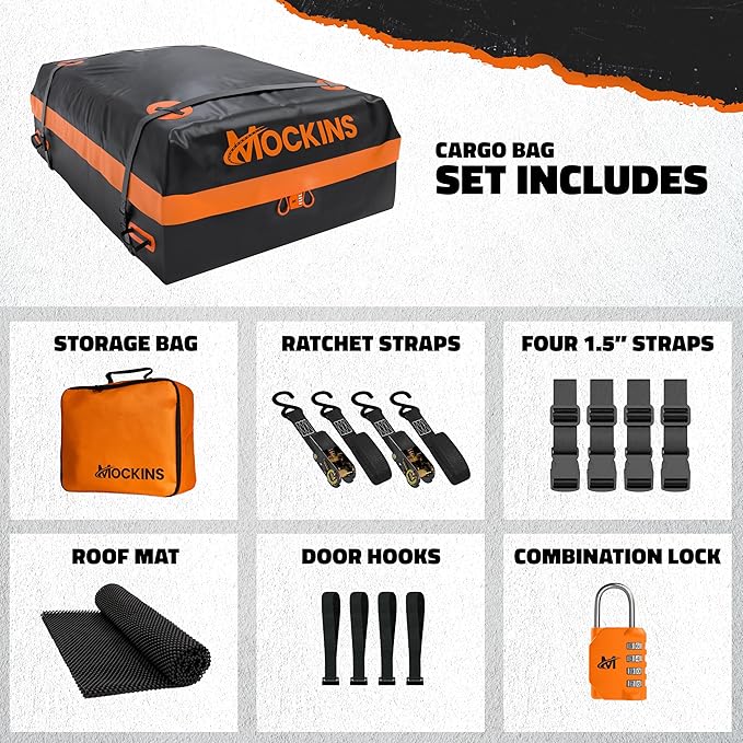 Mockins 30 Cu.Ft. All-Weather Rooftop Cargo Carrier Bag | 60"x43"x20" Soft-Shell Vinyl Roof Cargo Bag for Top of Car, SUV, Truck & Large Vehicles with Accessories | Car Top Carrier Without Roof Rack