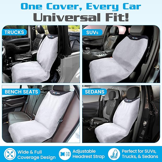 HAPPEGEAR Happeseat Waterproof Car Seat Cover & Protector – Universal Fit Car Seat Towel Cover – Non-Slip Backing, Easy Install & Storage, Machine Washable, Fits Front & Back, Silver