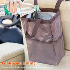 Ginsco New Leak-Proof Travel Trash Bag, Hanging Car Trash Can with Hook and Loop Lid and Handle, Multipurpose Trash Bin with Storage Pockets for Car SUV Truck RV Camping 2 Gallons (Brown)