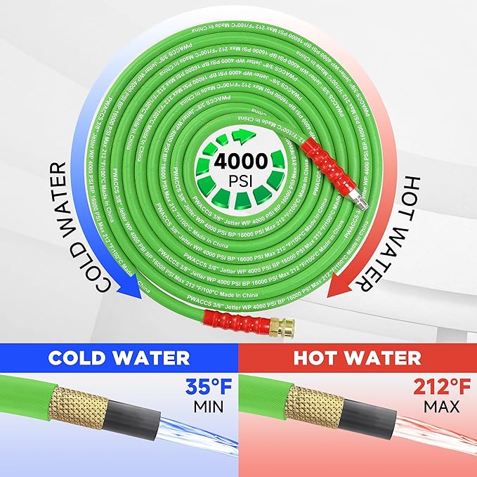 PWACCS Pressure Washer Hose 100FT, 3/8" Quick Connect Power Washing Hose Kink Resistant Steel Wire Braided, M22 14 Adapters, Cold/Hot Water, 4000 PSI