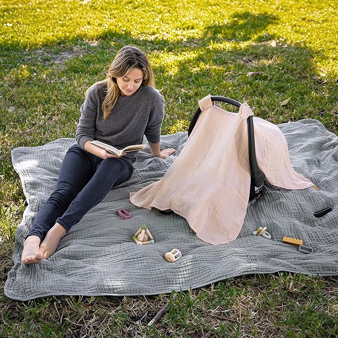Comfy Cubs Baby Car Seat Cover - Soft, Breathable Bamboo Rayon and Muslin Cotton Blend - Lightweight Canopy for Sun, Bug, and Comfort Protection - Large Size Infant Seat Cover in Blush Design