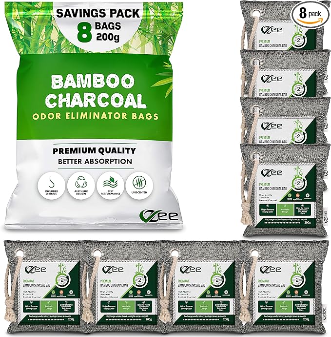 8 Bags x 200g Nature Fresh Activated Charcoal Odor Absorber, Bamboo Charcoal Air Purifying Bag, Odor Eliminator for Home, Car, Cigarette Smoke, Dog, Cat, Shoes