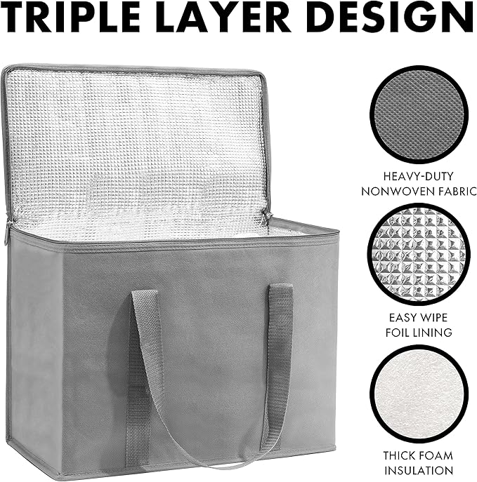 Carrywell (Not Made In China) Insulated Reusable Grocery Bags 2-Pack, Catering and Delivery Bag For Hot and Cold Food, Collapsible Thermal Tote For Doordash